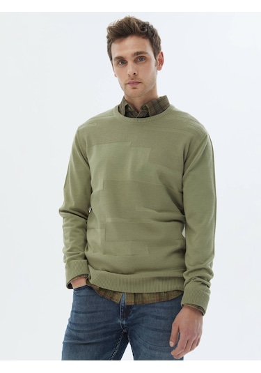 Açık Yeşil Bisiklet Yaka Jakarlı Yün Karışımlı Triko Kazak Açık Yeşil