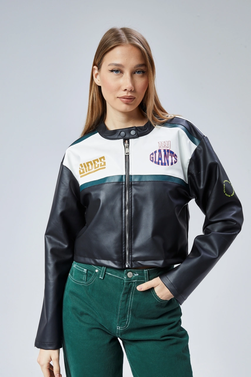 Kadın Oversize Baskılı Deri Şeritli Motorcu Montu Kısa Fermuarlı Yarışçı Ceketi Bomber Kolej Mont Yeşil