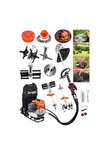 Dragro Alman DRG-SRT20 20 Hp T Sırt Tipi Benzinli Motorlu Ot Çalı Tırpanı Çim Biçme Makinesi 2 Çapalı Bahçe Seti