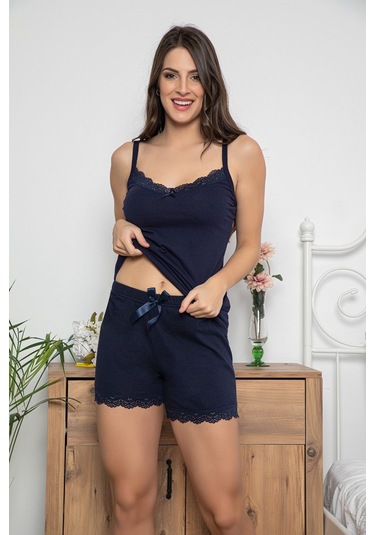 Kadın Lacivert Renkli Dantel Detaylı Şortlu Ve Taytlı Pijama Takımı 3'lü Set 75019 Lacivert