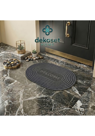 Oval Gri Dış Kapı Paspası Welcome 40x60