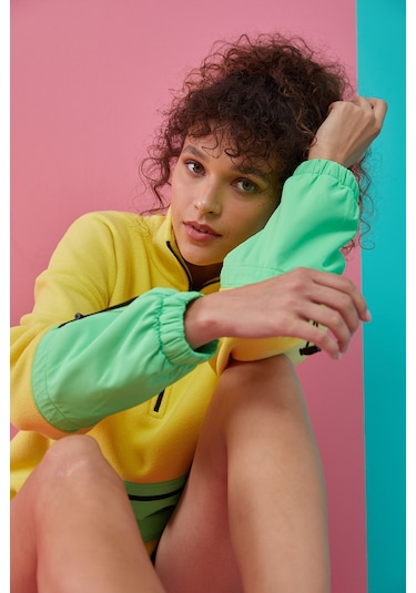 Tommy Life Limon Etek Ucu Büzgülü Yarım Fermuarlı Oversize Kadın Polar Sweatshirt - 97238 Limon Sarısı