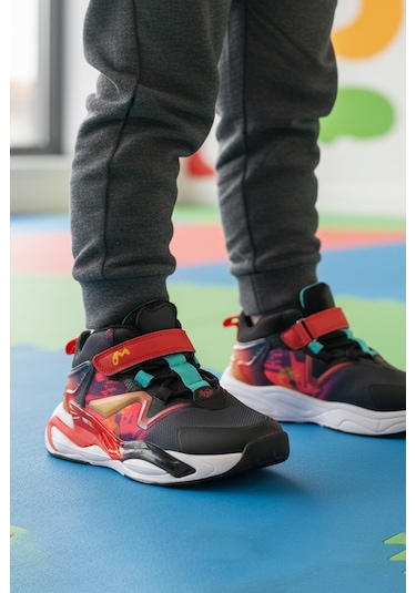 Marcokids Siyah Kırmızı Cırtlı Hafif Esnek Erkek Çocuk Spor Ayakkabı 161-t5411102 F Siyah-kırmızı