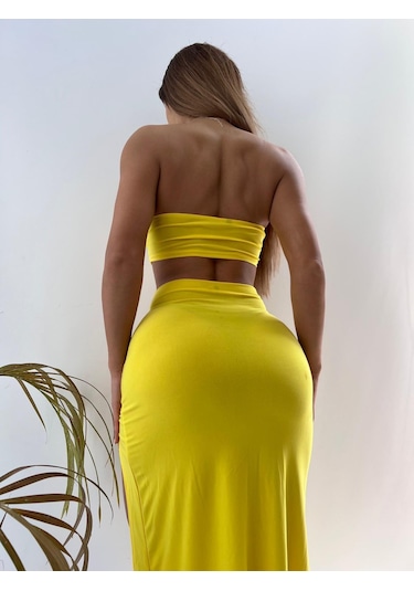 Pink Life Sarı Sandy Kumaş Tokalı Büstiyer Ve Etekli Ikili Takım-Sarı