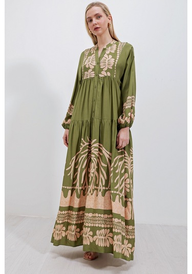 Bigdart 2423 Otantik Desenli Elbise - Haki