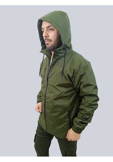 Erkek Kapüşonlu File Detaylı Haki Yağmurluk Haki