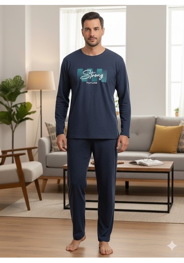 Erkek Uzun Kol Kışlık Pijama Takım Koyu Mavi