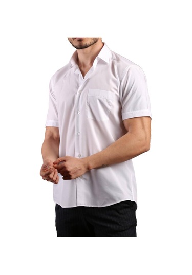 Beyaz Kısa Kol Rahat Kesim Cepli Regular Fit Erkek Gömlek - 500-1 001