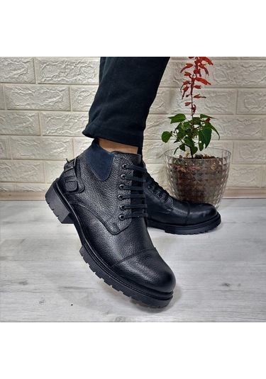 M.P 4201 Siyah Hakiki Deri Bağacaklı Fermuarlı Fuspetli Erkek Bot 001