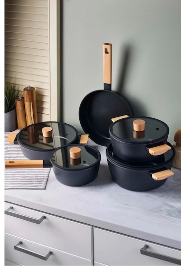 Cookwood Black 9 Parça Tencere Tava Seti Indüksiyon Tabanlı Ahşap Saplı 18080 Siyah