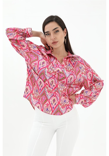 Reglan Kol Baskılı Saten Gömlek - Pembe-pembe Pembe