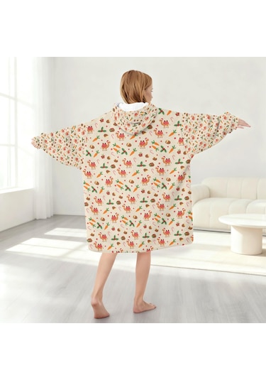 Noel Temalı 6-13 Yaş Çocuk Giyilebilir Battaniye Hoodie, Kalın Peluş, Büyük Boy-a135 Krem - Pembe