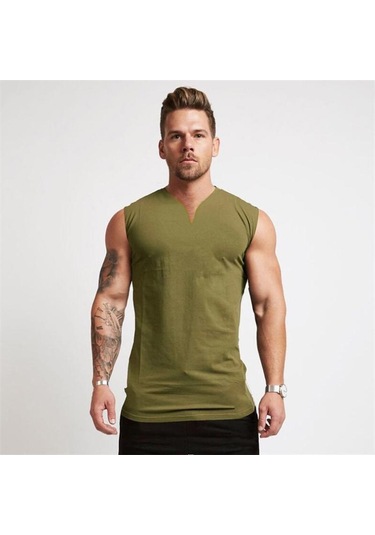 Yeşil Spor Giyim Kas Spor Yelek Erkekler Yaz V Yaka Tanktop Erkekler Vücut Geliştirme Spor Giyim Egzersiz Kolsuz Tişört