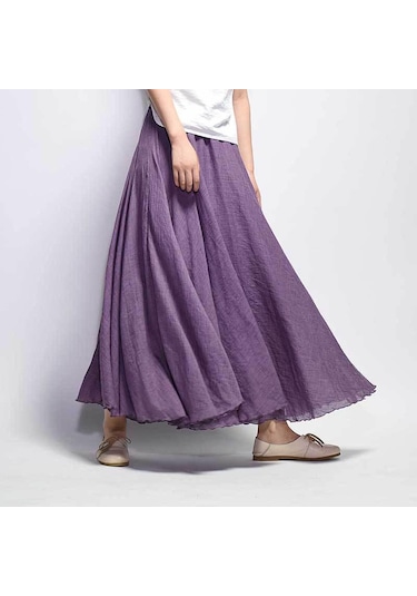Kadın Zarif Yüksek Bel Keten Maxi Etek Yaz Bayanlar Rahat Elastik Bel 2 Katmanlar Etekler Saia Feminina Mor