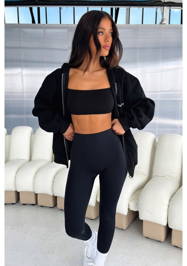 Thatsofetch Minimal %100 Pamuk Hırka - Siyah Oversize Kışlık Kapüşonlu İçi Polarlı Fermuarlı Siyah