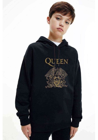 Queen Baskılı Unisex Çocuk Kapüşonlu Siyah Sweatshirt