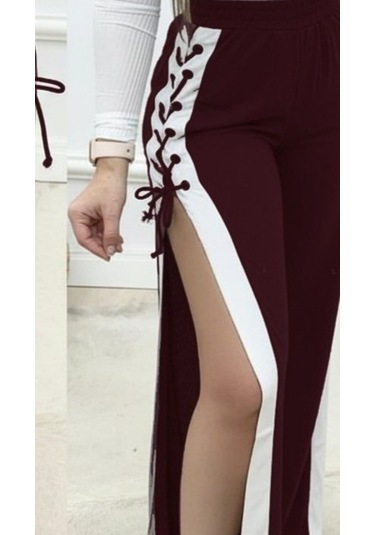 Tua Moda Kadın Yüksek Bel Yandan Çapraz Bağcıklı Yırtmaçlı Viskon Iki Iplik Pantolon Bordo