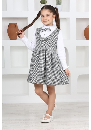 Kız Çocuk Kaz Ayağı Desenli Pileli Elbise Ve Likralı Body Siyah-beyaz