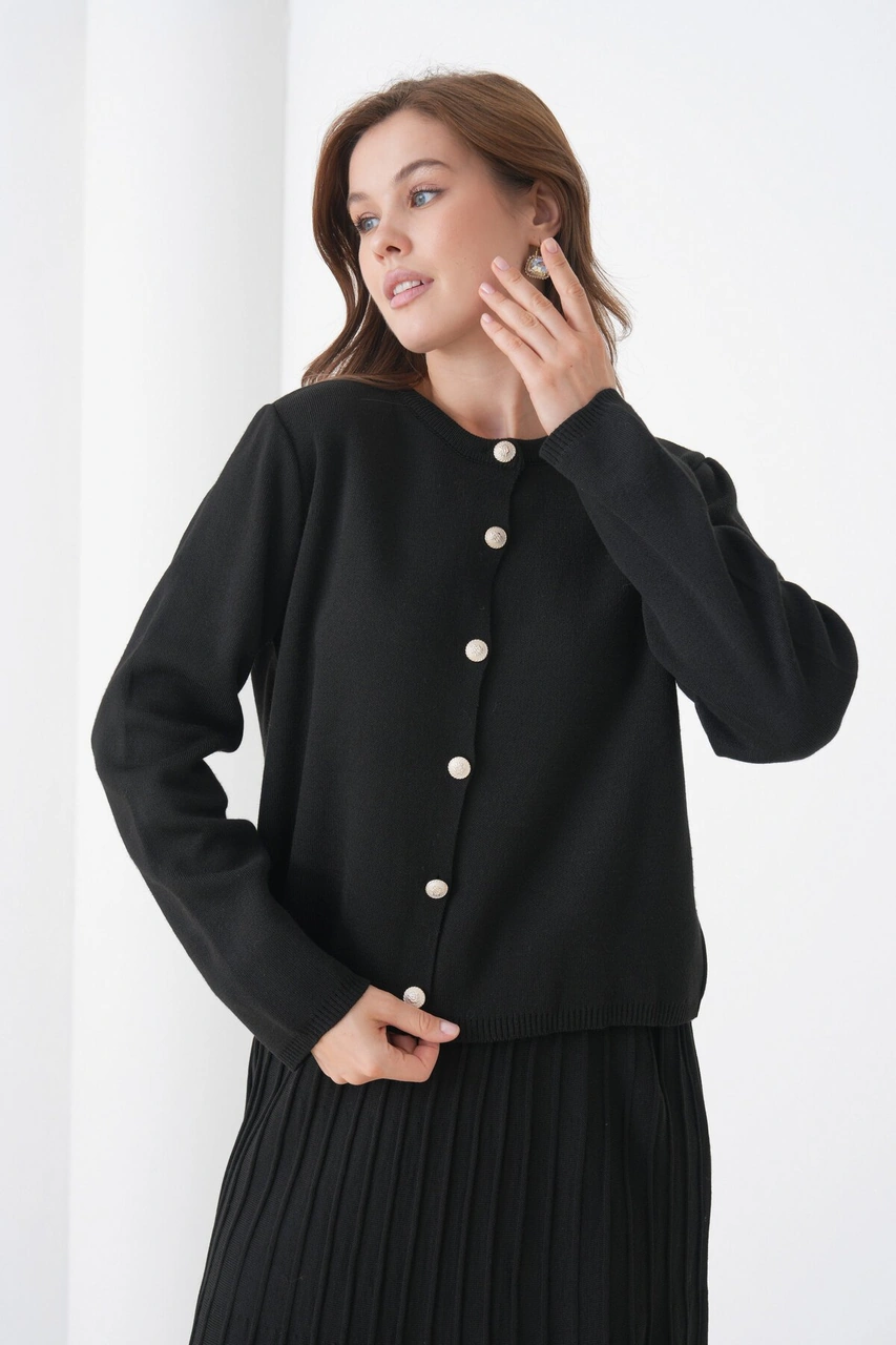 Kadın Pileli Etek Kazağı Düğmeli Tesettüre Uygun Örgü Triko Etekli Ceket Takım Siyah