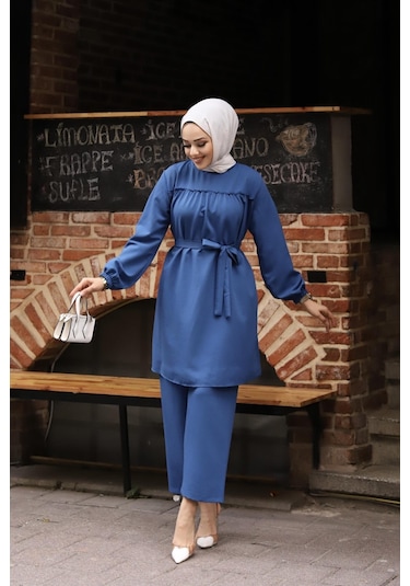 Fırfır Detaylı Tesettür İndigo Takım I Ndigo