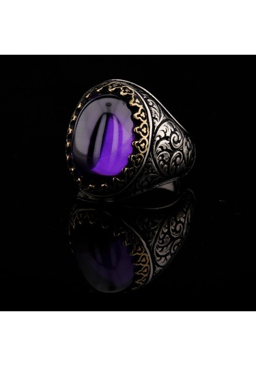 925 Ayar Gümüş Sarmaşık Desenli Ametist Taşlı Erkek Yüzük Çok Renkli