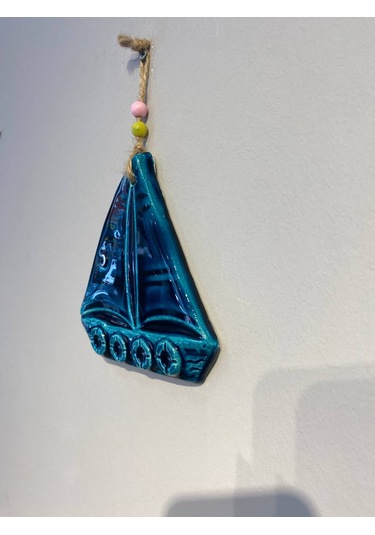 El Yapımı Nazar Boncuğu, Duvar Dekorasyon Ürünü, Seramik, El İşçiliği, Turkuaz Renkte Sandal Desenli -