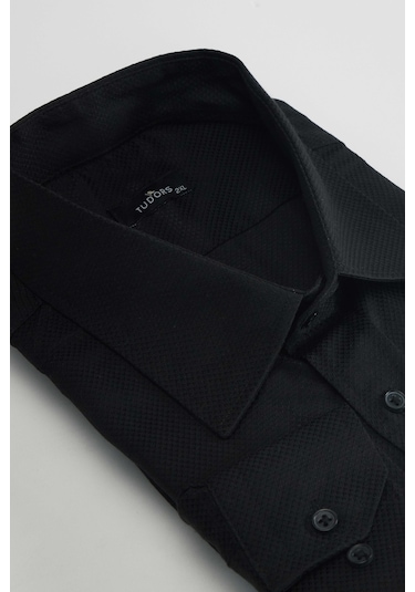 Tudors Büyük Beden Kolay Ütü Kravatlık Armürlü Pamuklu Erkek Gömlek-31398-siyah Siyah