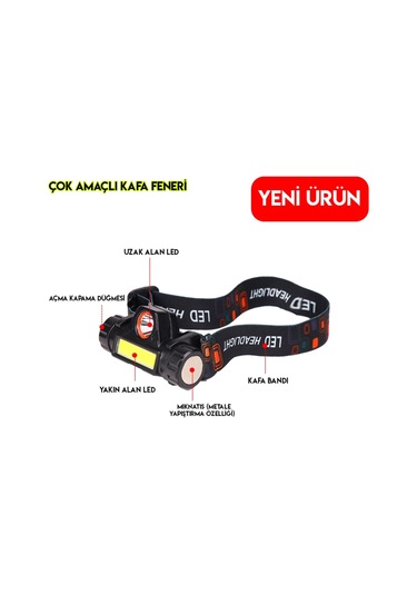 1200 Lümenli Cob Ledli Şarjlı Kafa Feneri Siyah