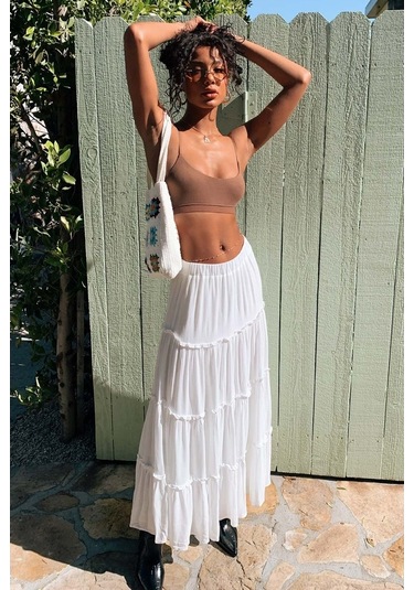 Beyaz Basic Pileli Kadın Uzun Etek Beyaz