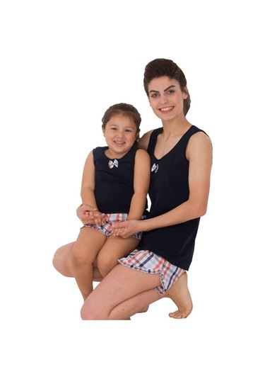 The Don Aile Lacivert Ekose Desenli Kız Çocuk Şort Takımı (9-14 Y