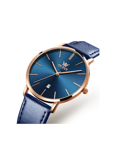 Olevs 5869 Erkekler İş Su Geçirmez Hakiki Deri Kayış Kuvars Saat Mavi + Mavi