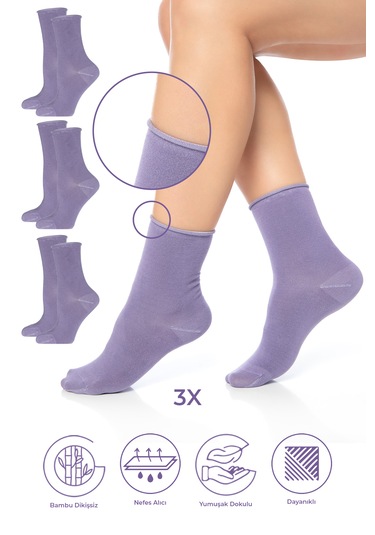 Bambu Kadın Lastiksiz Lila Soket Dikişsiz Premium Çorap 3'lü Pkt Lila - Mor