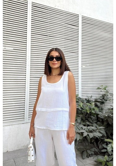 Beyaz İthal Müslin Kumaş, Basic, Katlı, Salaş Askılı Bluz & Atlet Beyaz