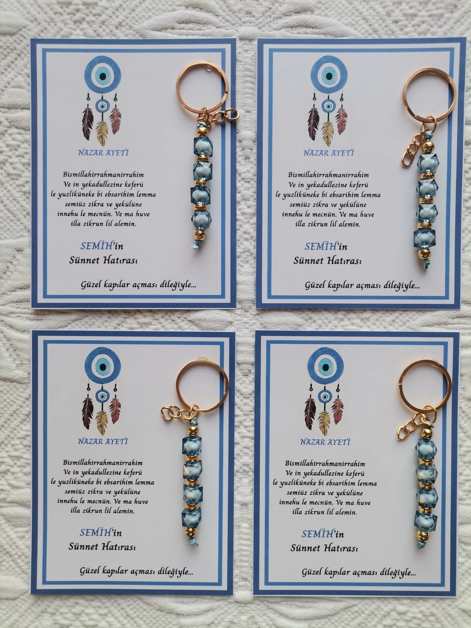 100 Adet Kişiye Özel Nazar Ayeti Sünnet Hatırası Dağıtmalık Hediyelik Mavi Renk Anahtarlık