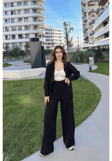 Kadın Siyah Beli Lastikli, Cepli, Bol Paça, Salaş Pantolon Siyah