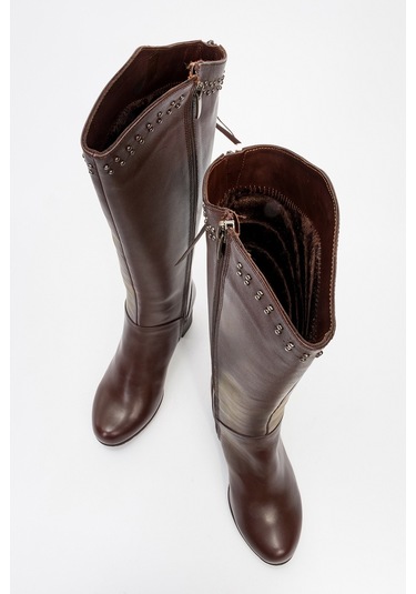 Kadın Yüksek Topuklu Fermuarlı Çizme Gerçek Deri Br 08012 Kahverengi Null Kahverengi