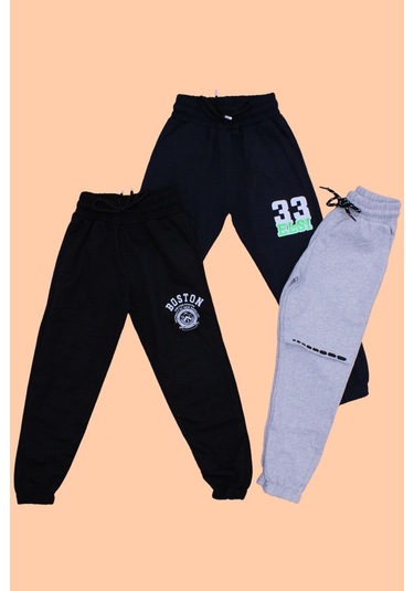 3'lü Boston-33 Elsi-düz Baskılı Erkek Çocuk Siyah-lacivert-gri Eşofman Altı Çok Renkli
