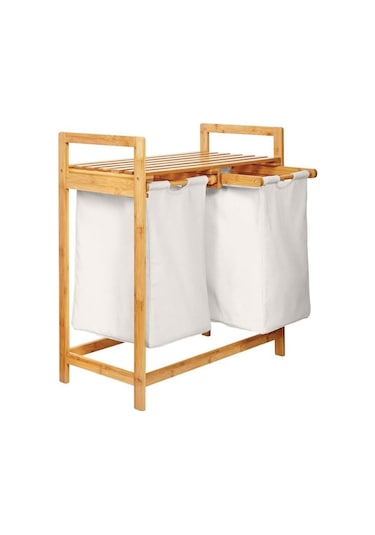 Digithome Bambu 2 Bölmeli Kirli Sepetli Çamaşır Sepeti Raflı Banyo Düzenleyici Db-0007 Ahşap