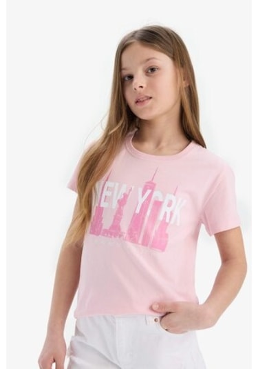 DeFacto Kız Çocuk Bisiklet Yaka Baskılı Kısa Kollu Tişört E0349A825SMPN47 Pembe
