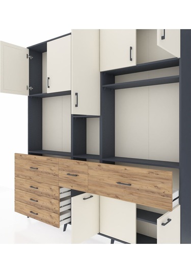 Arges Dolap 10 Raflı 6 Çekmeceli 8 Kapaklı 220x30x243 Antrasit-aytaşı/çam Aytası/atlas Çam