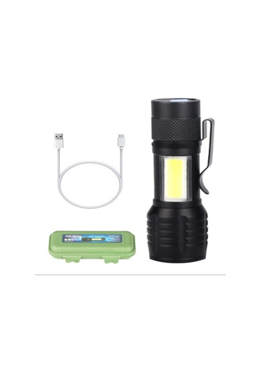 Çift Aydınlatmalı Güçlü Mini Boy Usb Şarjlı El Feneri 2000 Lümen Siyah