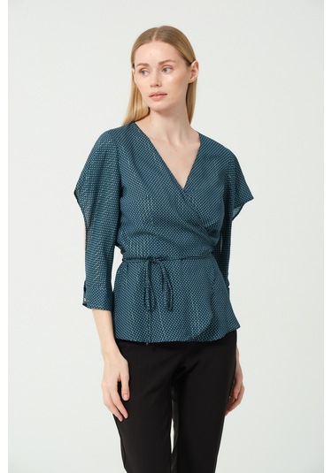 V Yaka Bağcıklı Kol Detaylı Bluz Petrol Mavi