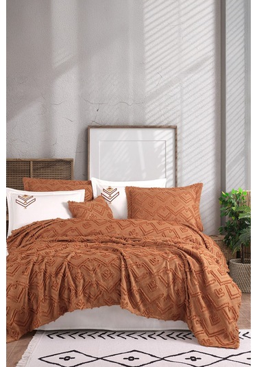 İyi Geceler İstanbul Aztec Kiremit Çift Kişilik %100 Pamuk Yatak Örtüsü Seti Kiremit