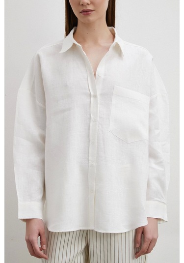 Robalı Cepli Keten Gömlek Ekru Ekru