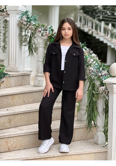 Modavals Kol Katlamalı Keten Gömlek Cepli Keten Alt & Suprem Askılı Badi 3lü Kız Çocuk Takım Siyah