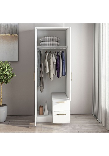 Merlin 2 Kapaklı, Çekmeceli Gardırop, Yatak Odası Dolap, Elbise Dolabı İstanbul Ceviz - 172 Cm / Beyaz