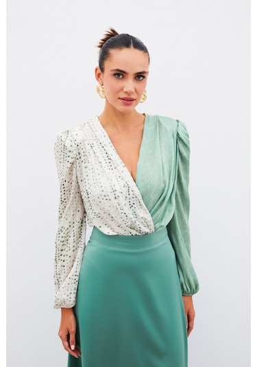 Sateen Çift Desenli Kruvaze Bluz - Çağla Yeşili