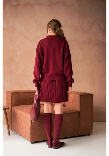 Kadın Polo Yaka Düşük Kol Kazak Kısa Etek İkili Triko Takım Bordo