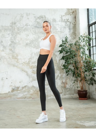 Barbell Siyah Belinde Spor Bar Resimli Toparlayıcı Spor Tayt Siyah