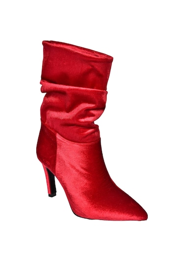 Fox Shoes R404020339 Bordo Kadife İnce Topuklu Büzgülü Kadın Bot Bordo